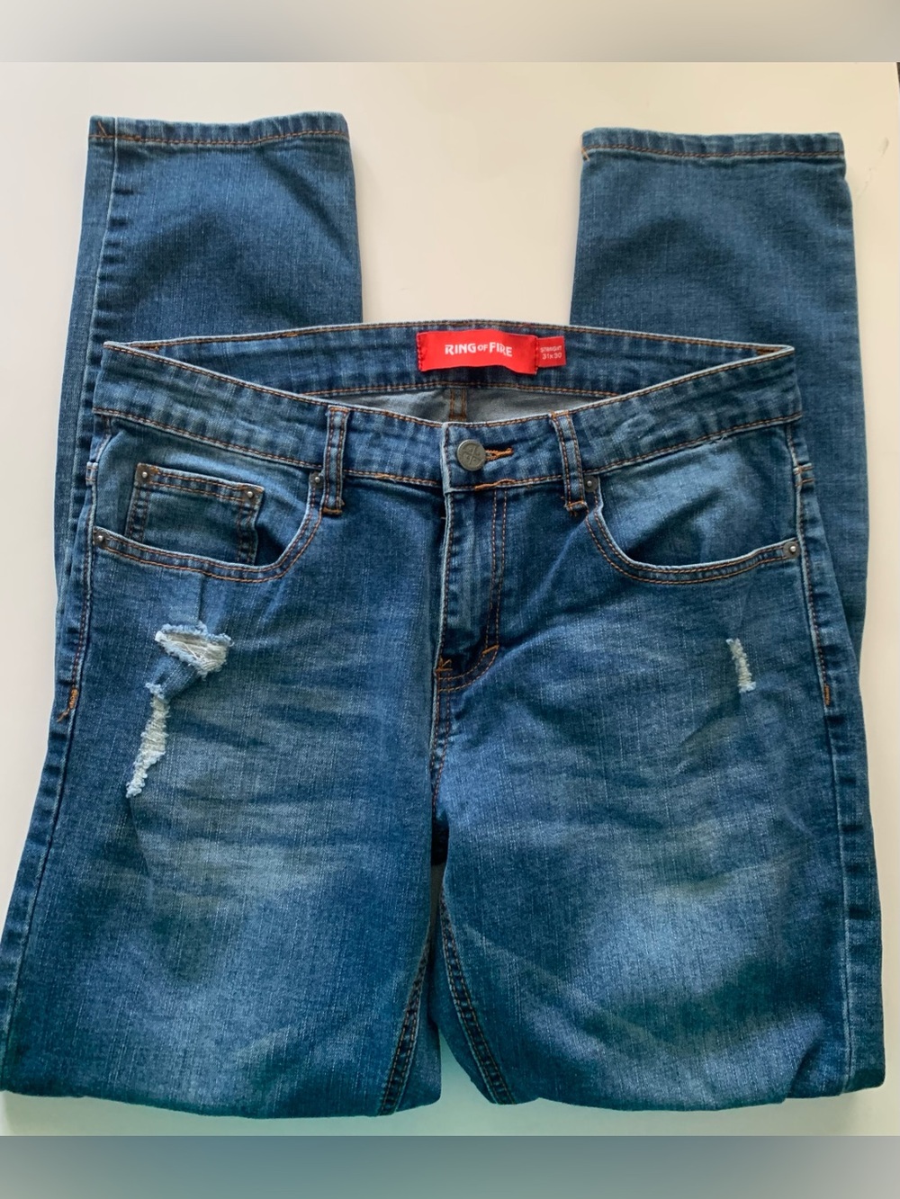 Ring Of Fire Jeans Mens Blue Distressed Stretch Denim Straight Fit Size 31x30